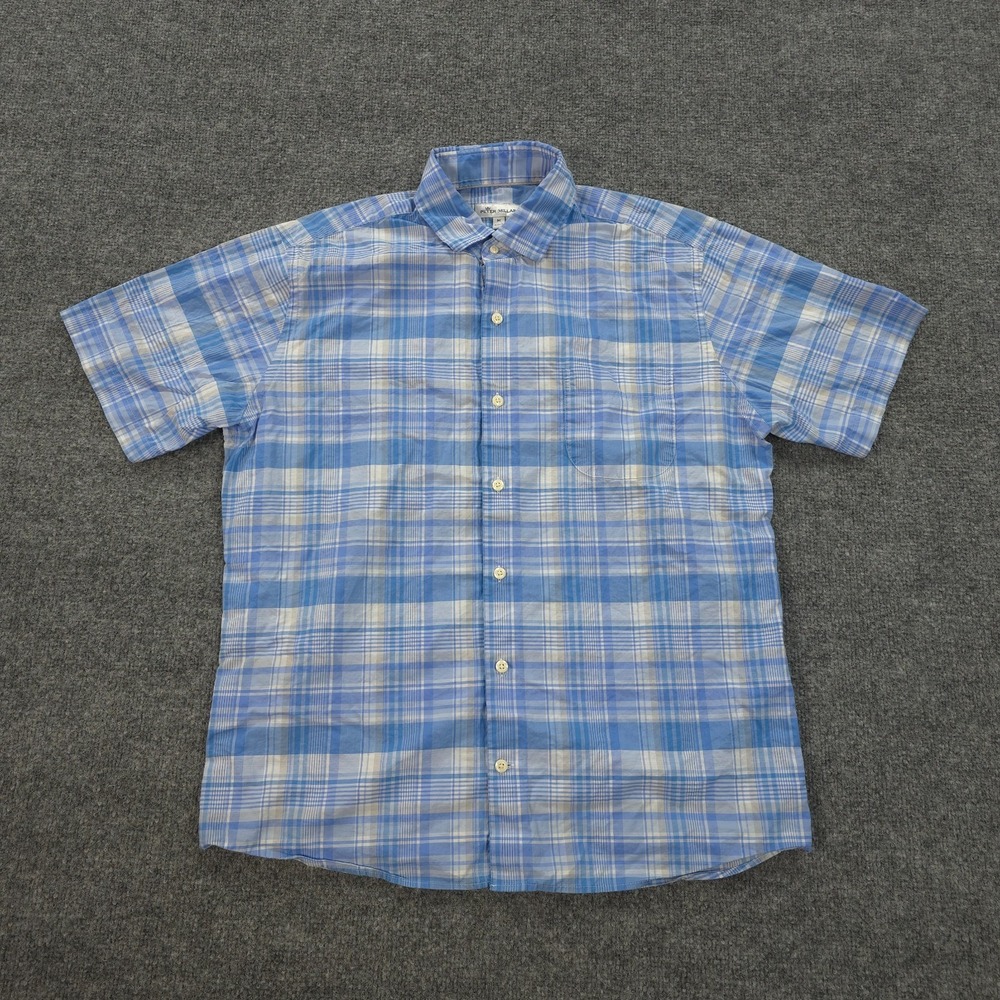 Peter Millar Shirt Mens Medium Blue Plaid Poe Stretch Golf Golfing Prep Dress